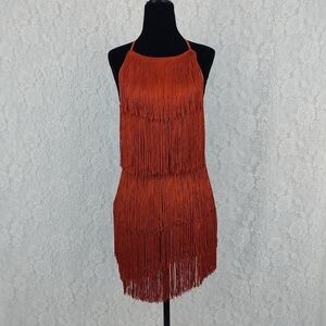 Burnt Orange Knotted Backless Halter Fringe Tassel Romper